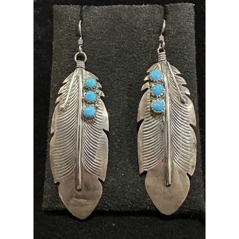 Detailed Native American Navajo Sterling Silver Feather Turquoise Earrings Hook